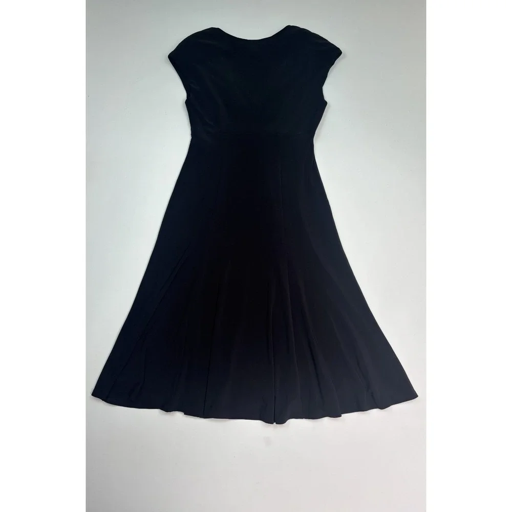 Jones New York Black Jersey A-Line Midi Dress V-Neck Cap‎ Sleeve Size 8